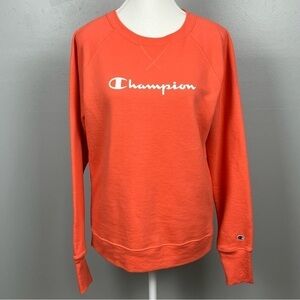 Champion logo women’s coral poly cotton blend sweatshirt, size small.